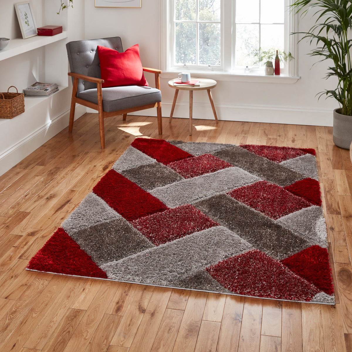 Lennox Red Grey Geometric Shaggy Rug for living room