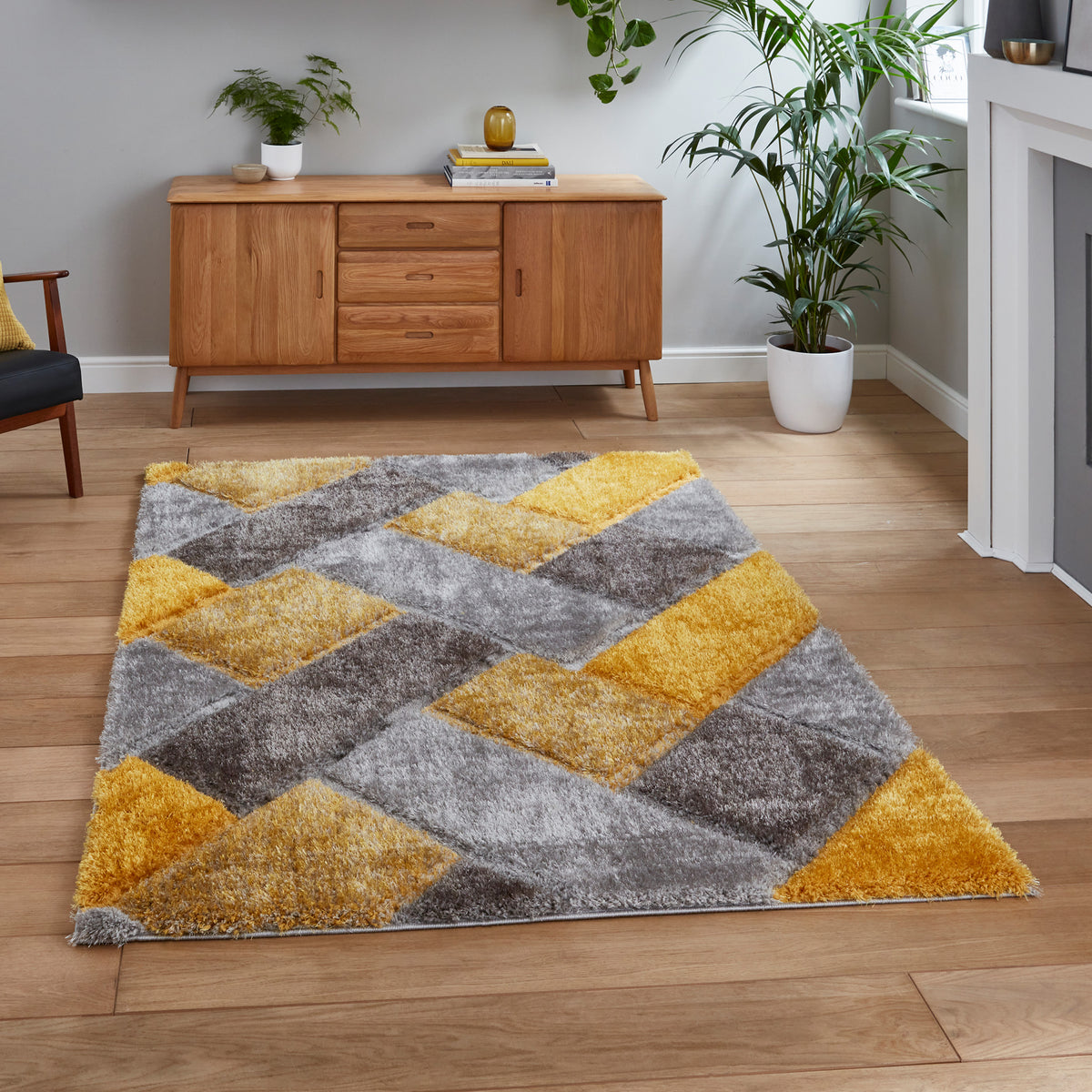 Lennox Yellow Grey Geometric Shaggy Rug for living room