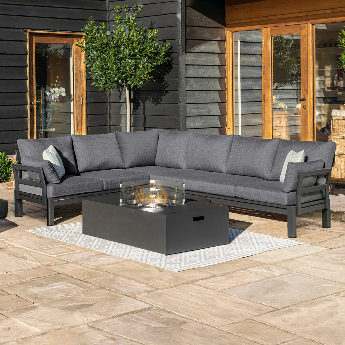 Maze Oslo Grey Outdoor Corner Group with Rectangular Fire Pit Table from Roseland Furniture