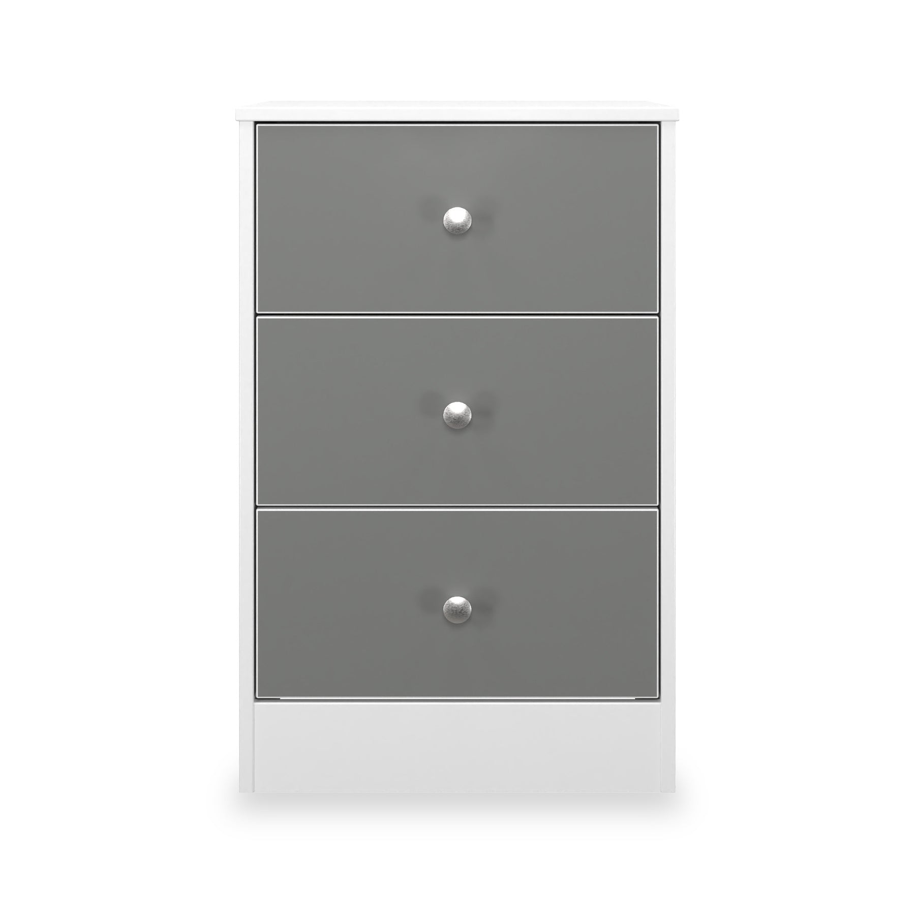 Bennet-3-Drawer-Bedside-Table-Grey-&-White Front1 from Roseland Furniture