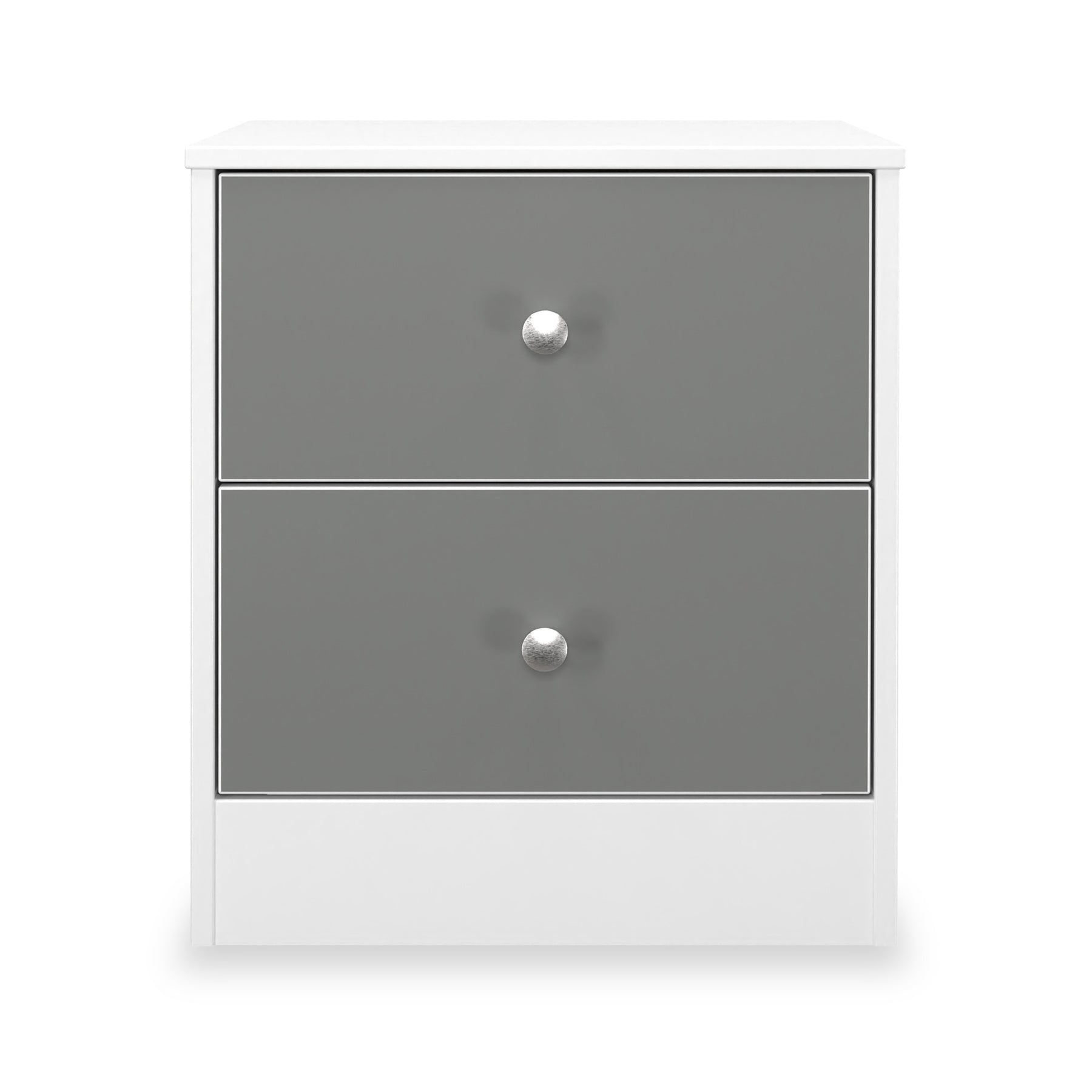 Bennet-2-Drawer-Bedside-Table-Grey-&-White Front1 from Roseland Furniture