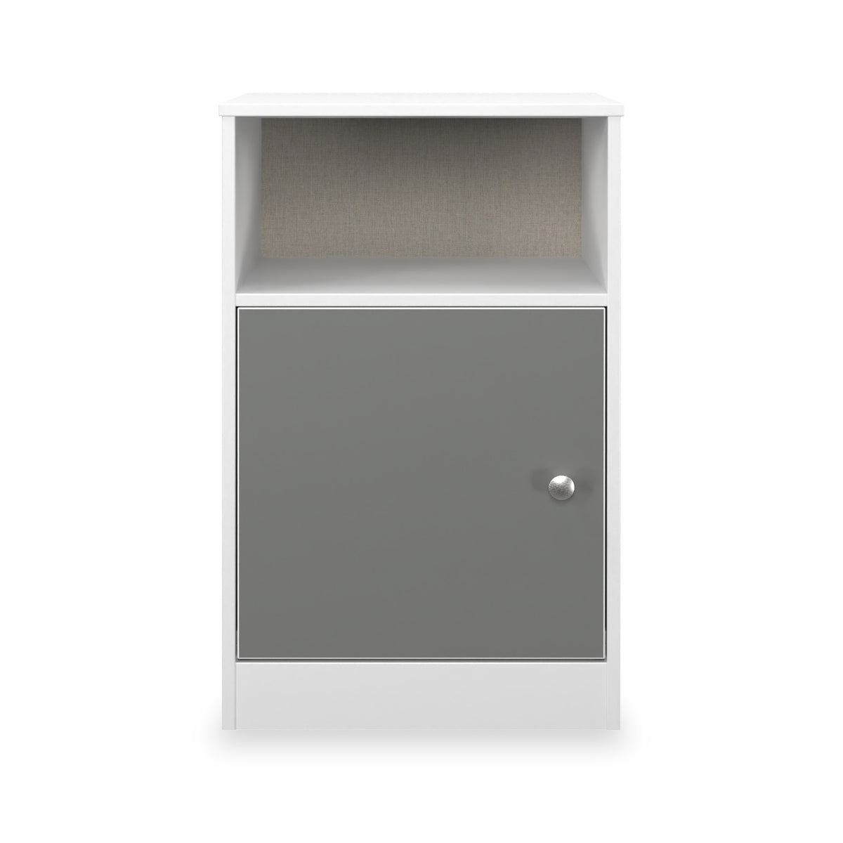 Bennet-1-Door-Bedside-Table-Grey-&-White Front1 from Roseland Furniture