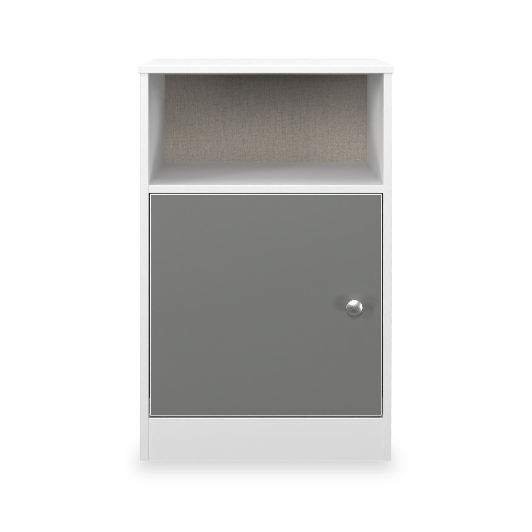 Bennet-1-Door-Bedside-Table-Grey-&-White Front1 from Roseland Furniture