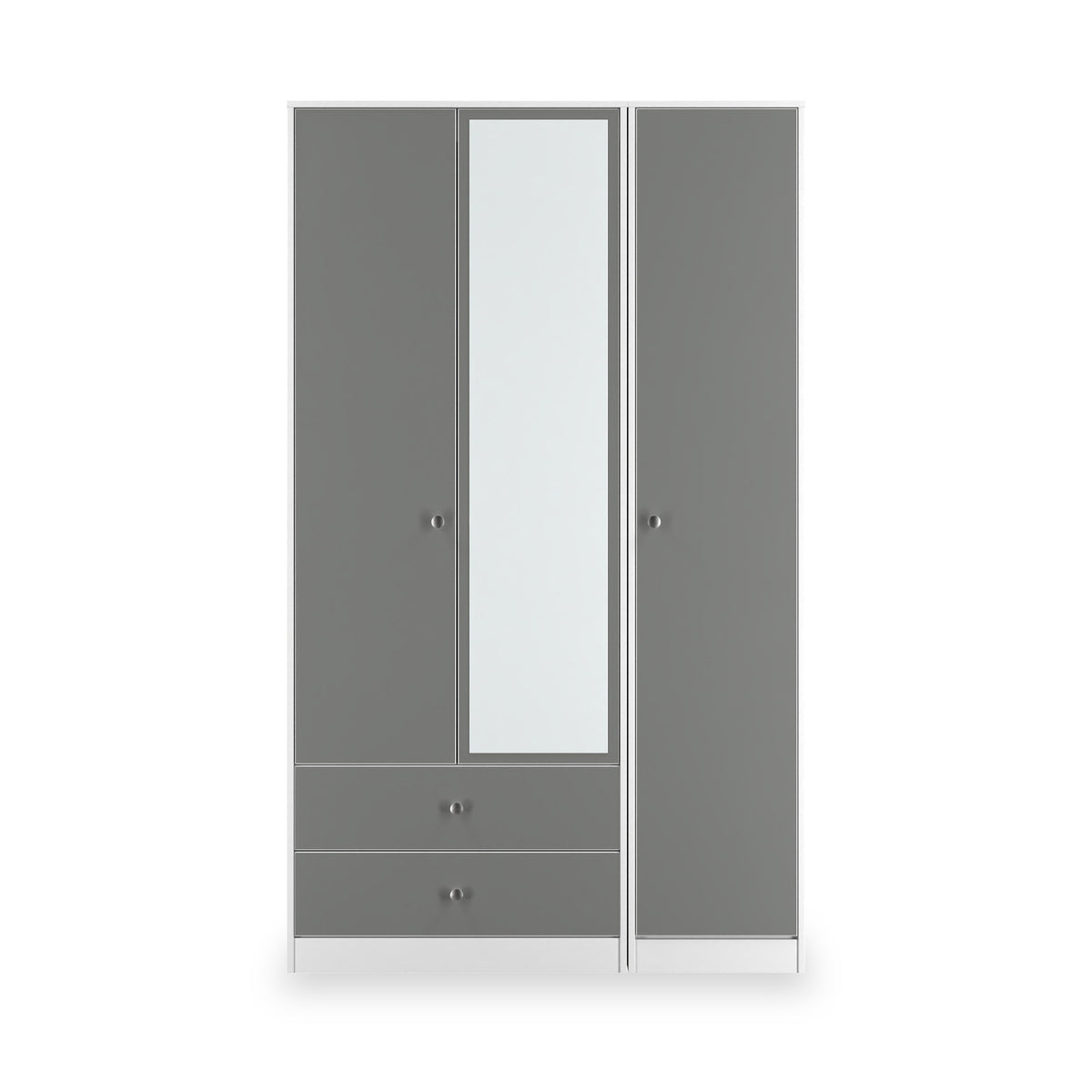 Bennet-Tall-Triple-2-Drawer-Mirrored-Wardrobe-Grey-&-White Front1 from Roseland Furniture