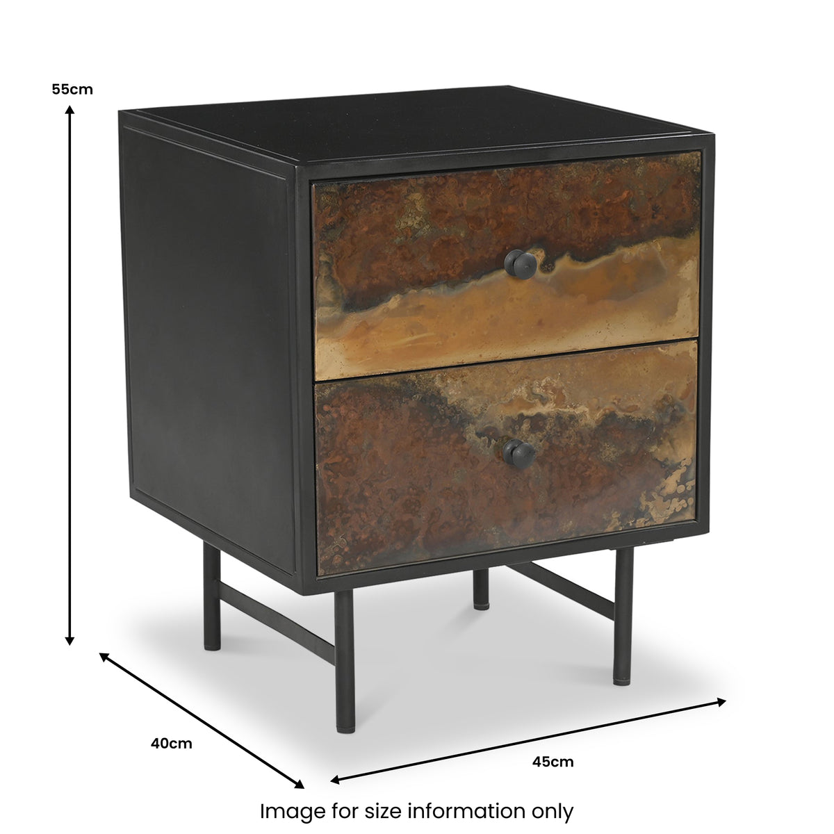 Caspian Iron 2 Drawer Side Table Dims from Roseland Furniture