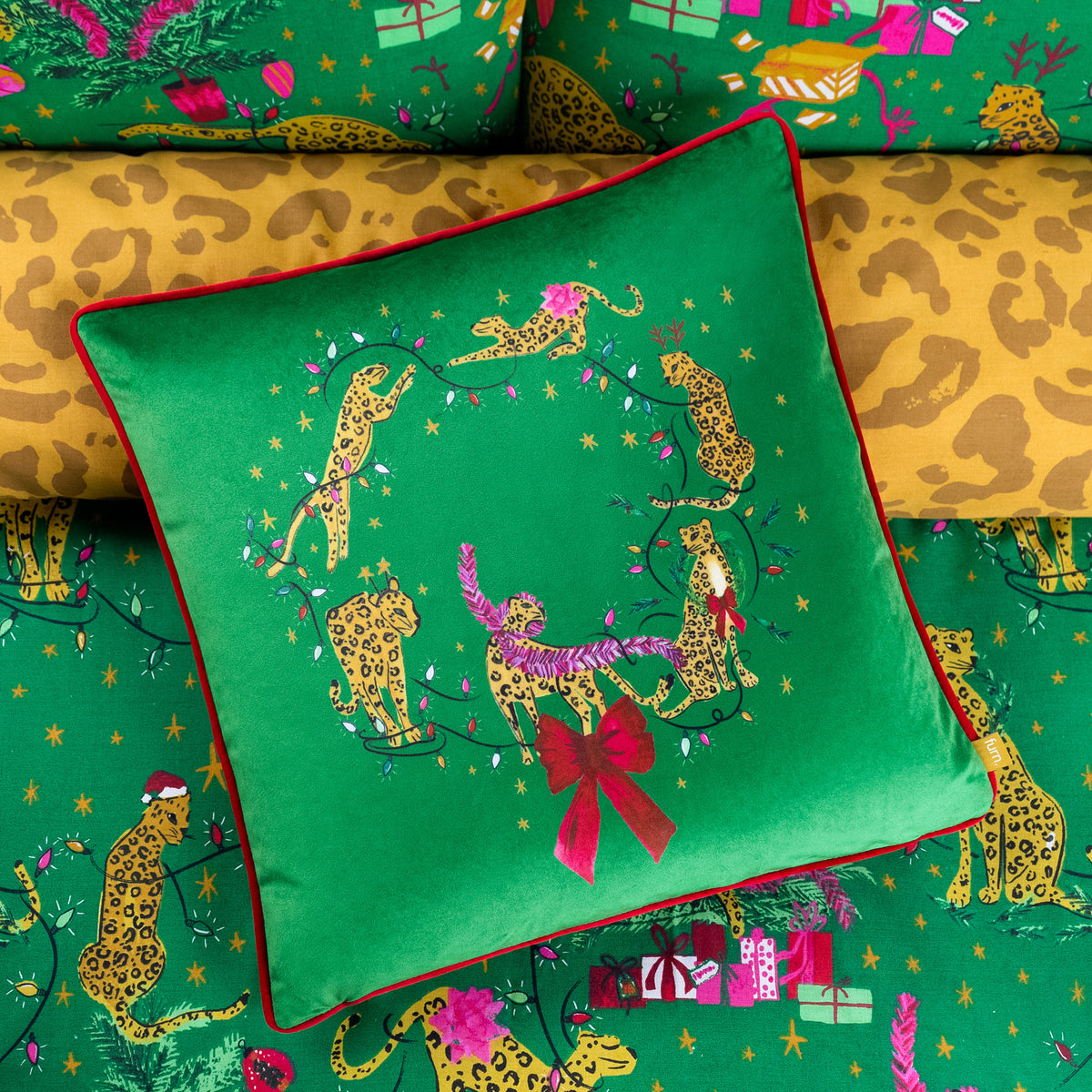 Purrfect Leaping Leopards 43x43 Cushion by Roseland Furniture