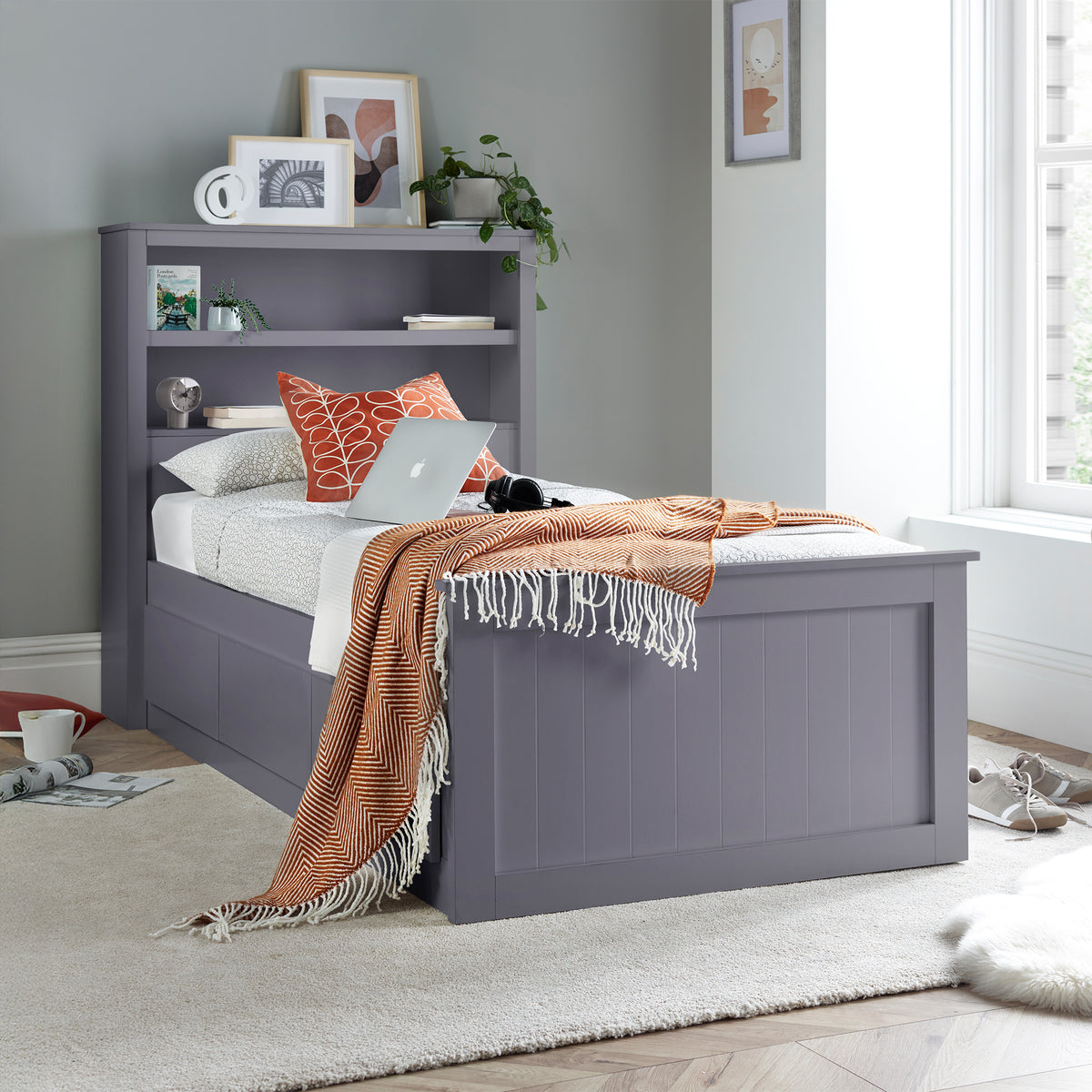 Emelia Wooden 3 Drawer and Shelving storage Bed Frame Grey from Roseland Furniture