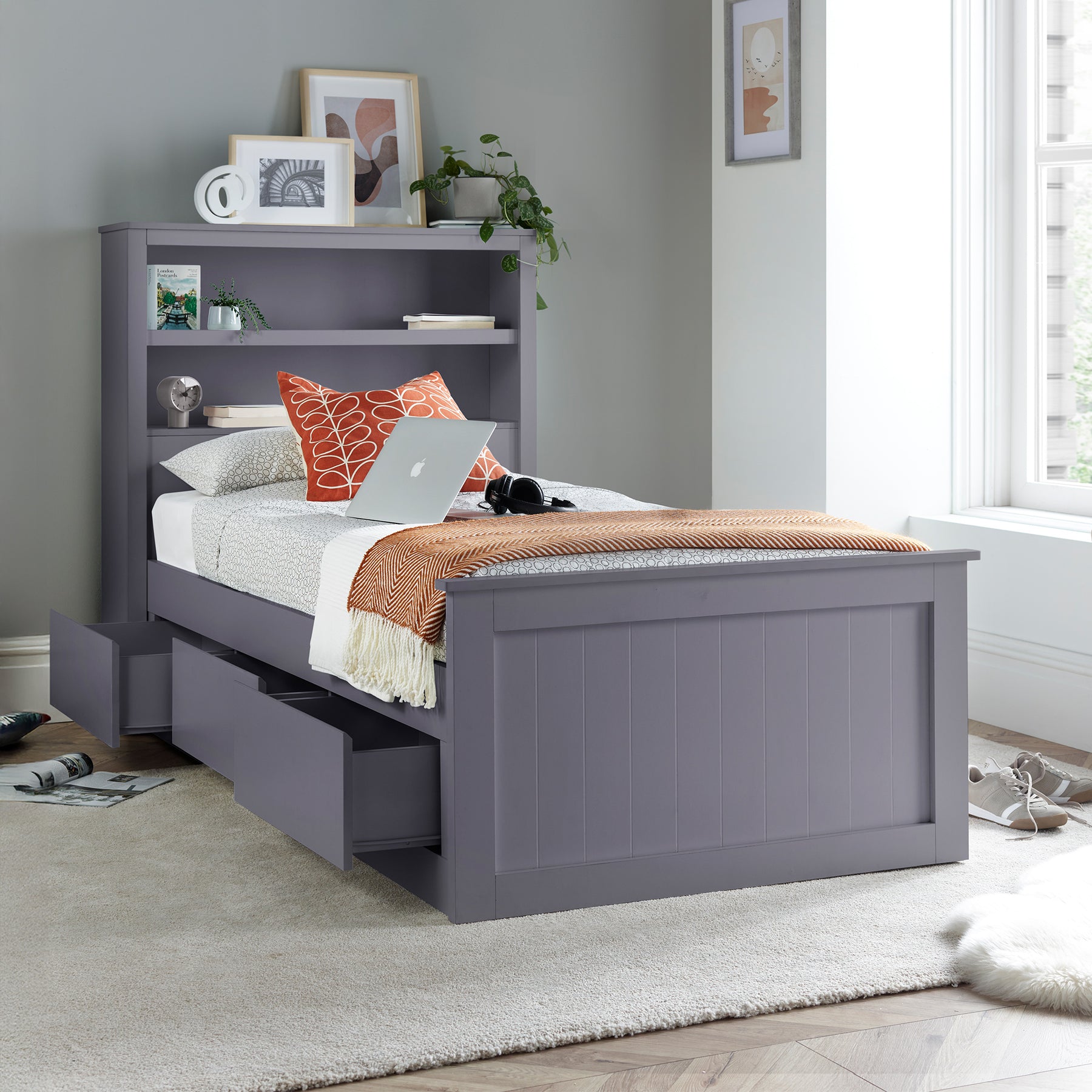 Emelia Wooden 3 Drawer and Shelving storage Bed Frame Grey from Roseland Furniture