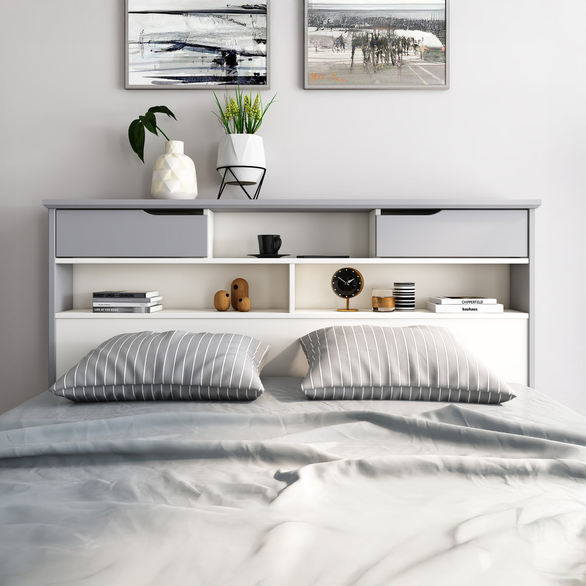 Lifestyle image of the Farndon White & Grey Storage Bed with Drawers from Roseland Furniture
