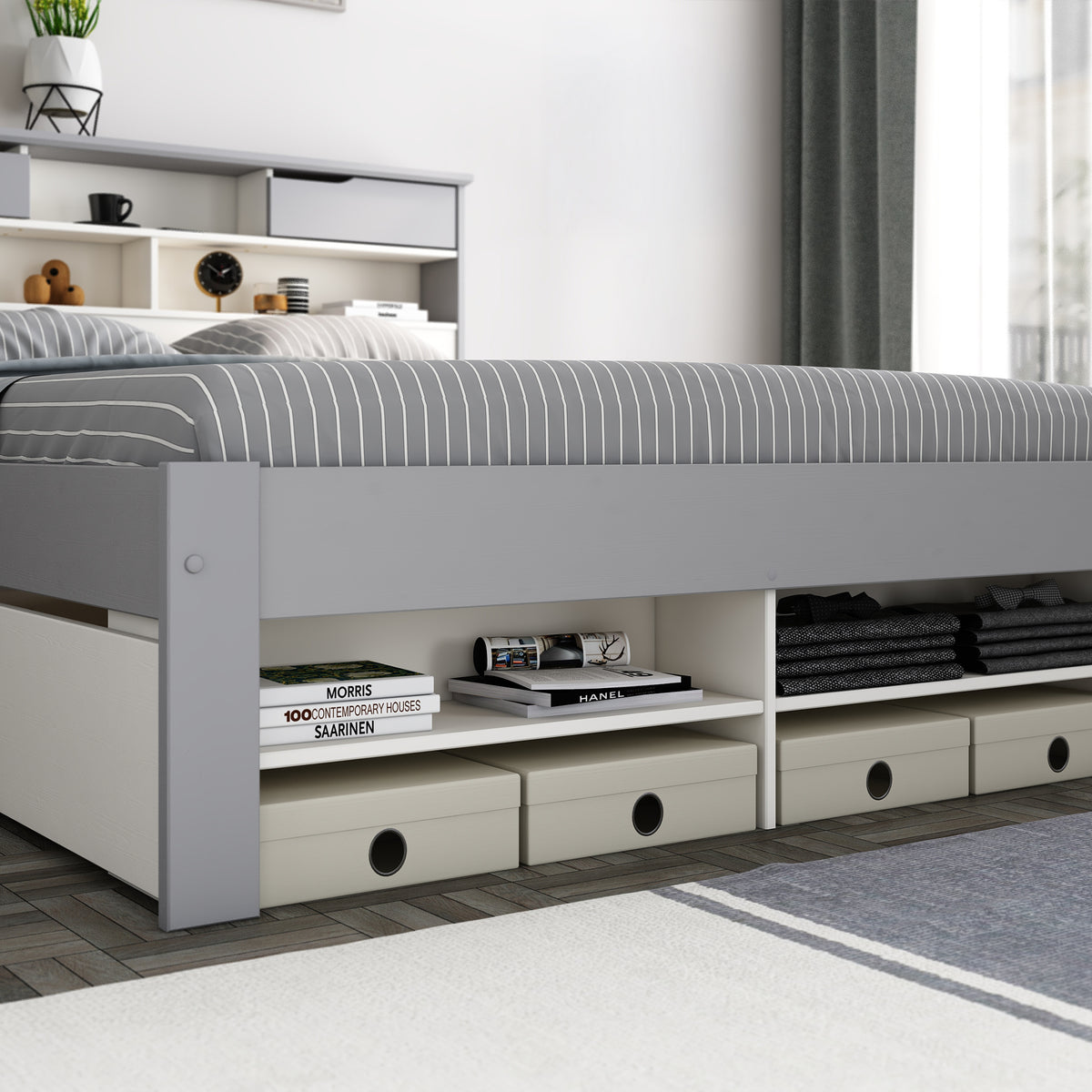 Lifestyle image of the Farndon White & Grey Storage Bed with Drawers from Roseland Furniture