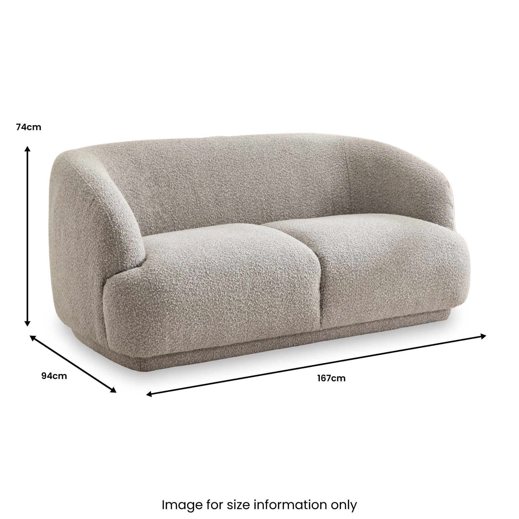 Sudsy Soft Boucle Curve 2 Seater Sofa Dims from Roseland Furniture