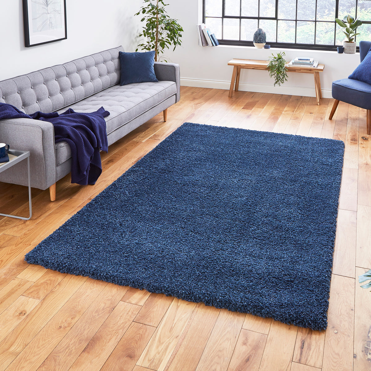 Roswell Dark Blue Stain Resistant Shaggy Rug for living room