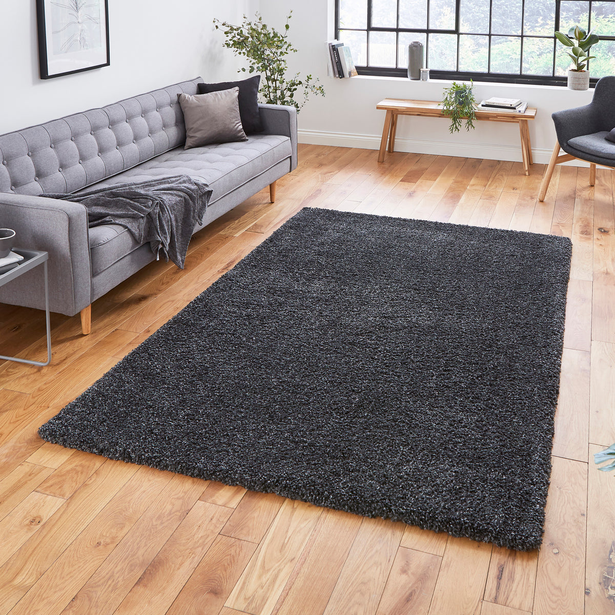 Roswell Dark Grey Stain Resistant Shaggy Rug for living room