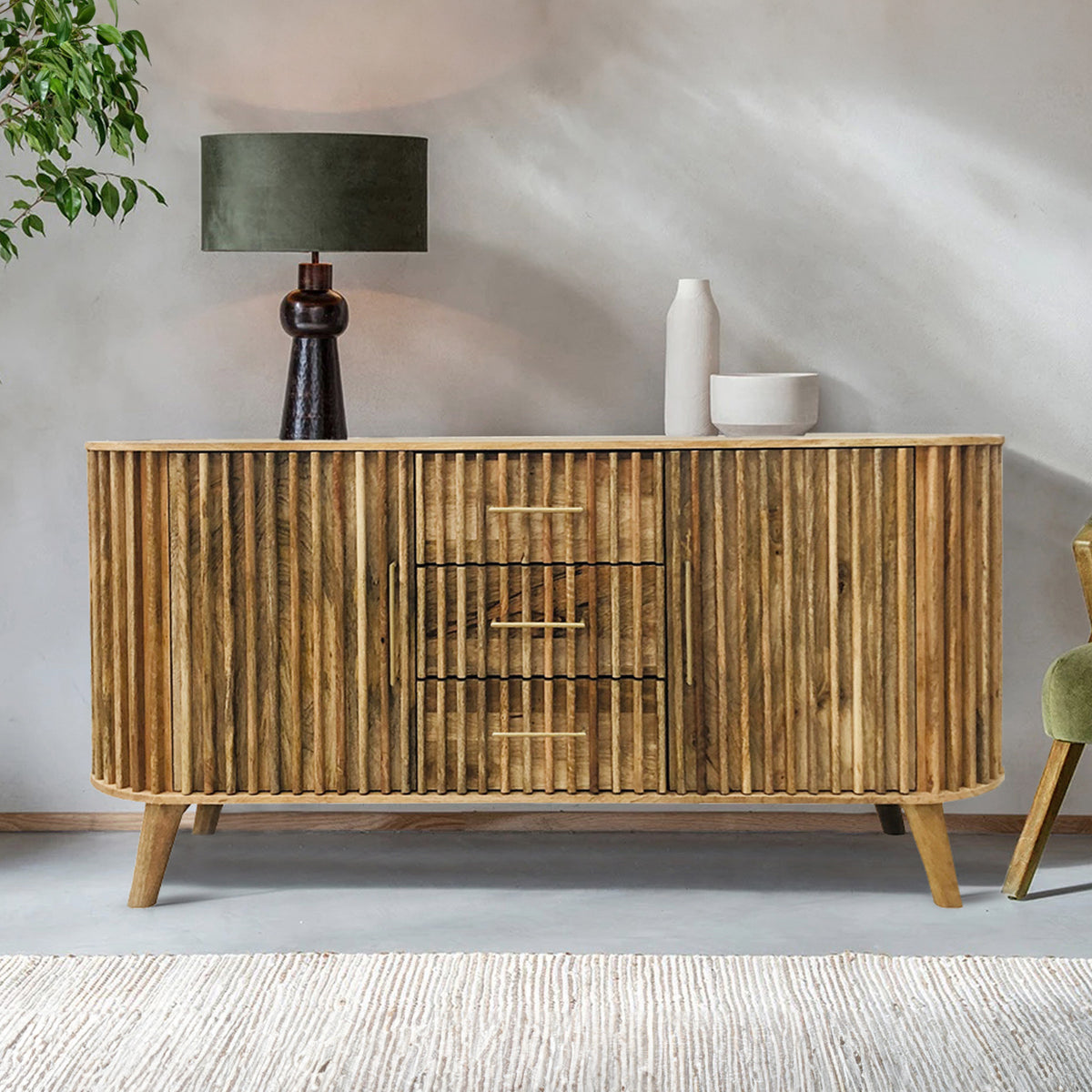 Leo Slatted Mango Wood 2 Door 3 Drawer Sideboard Cabinet for living room