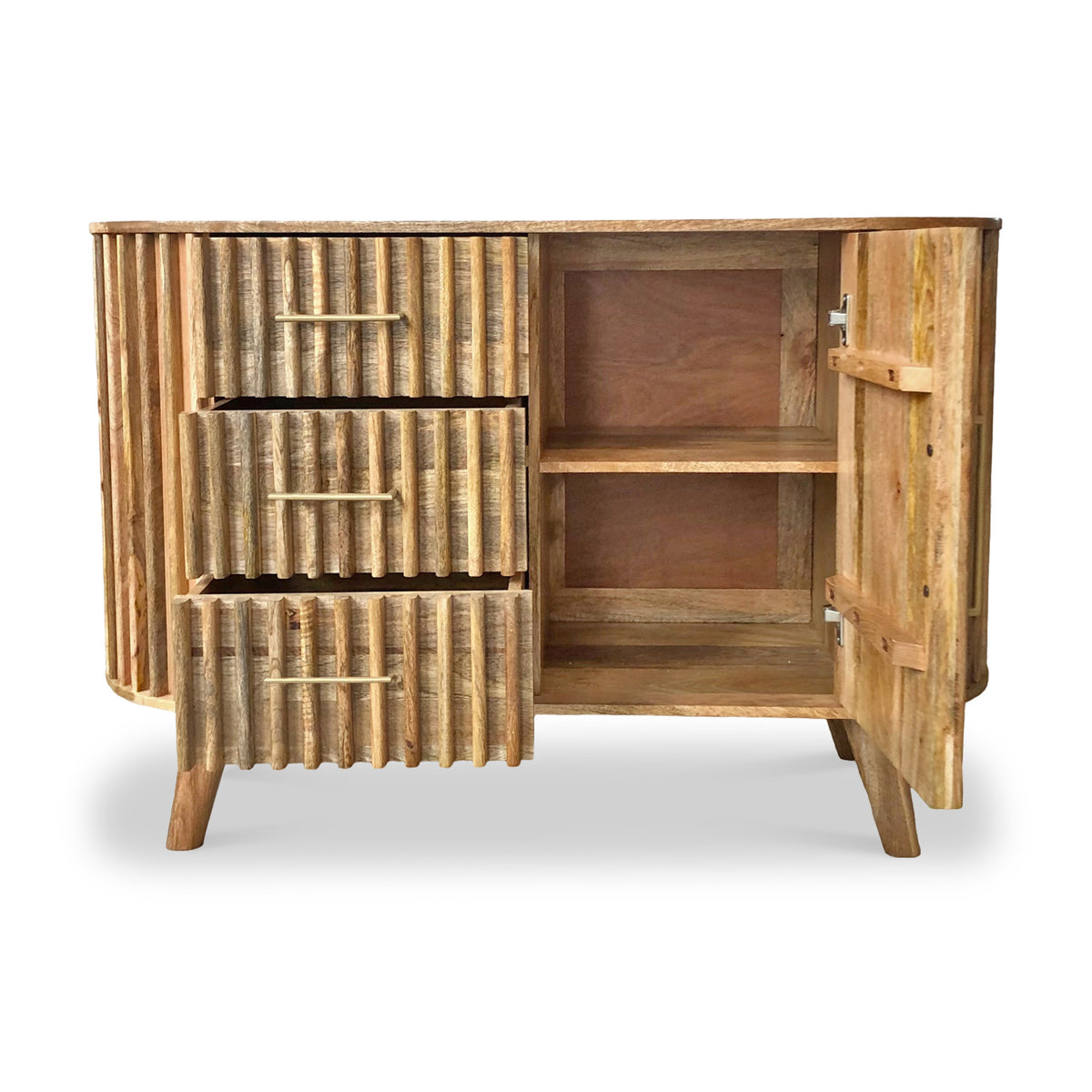 Leo Slatted Mango Wood 3 Drawer 1 Door Sideboard Buffet Cabinet