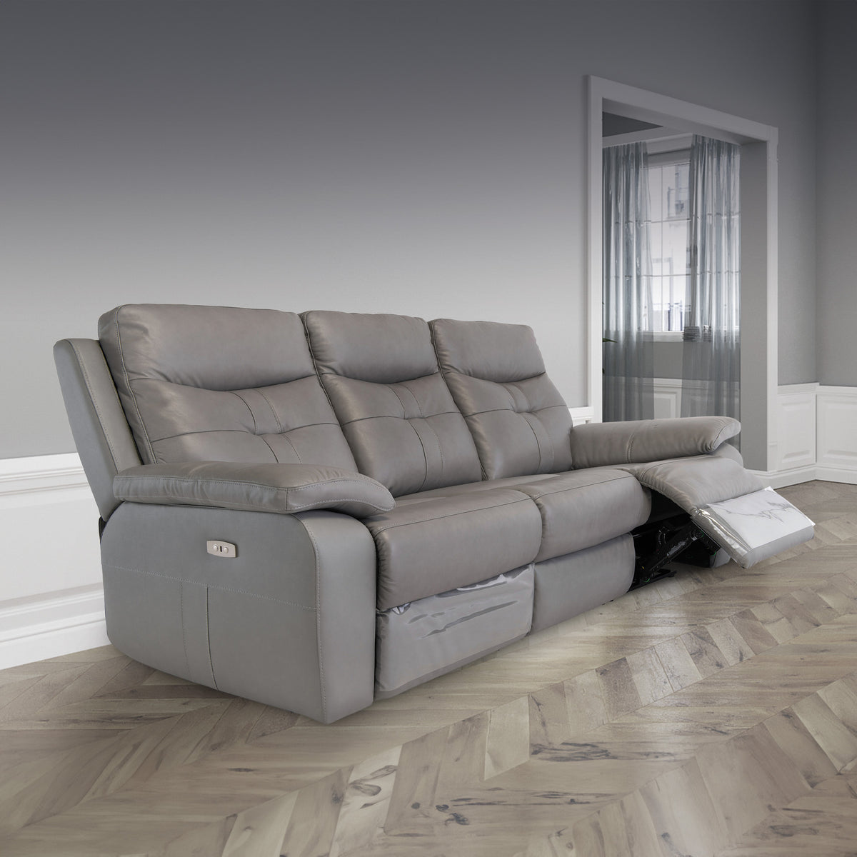 Talbot Grey Leather Electric Reclining 3 Seater Sofa for living room