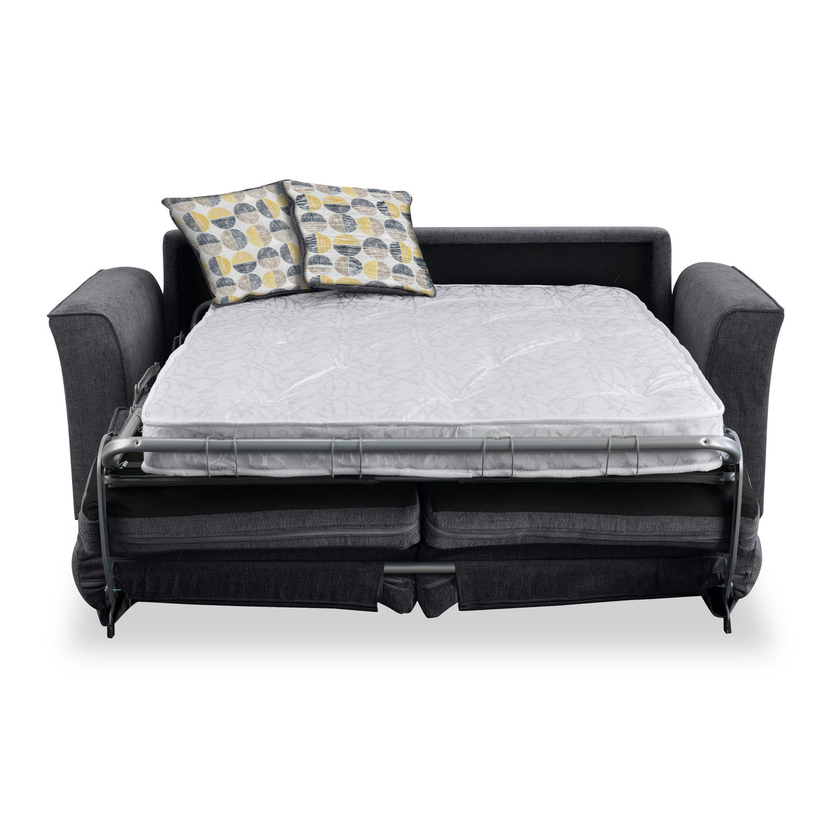 Abbott 2 Seater Sofabed in Charcoal with Rufus Beige Cushions by Roseland Furniture