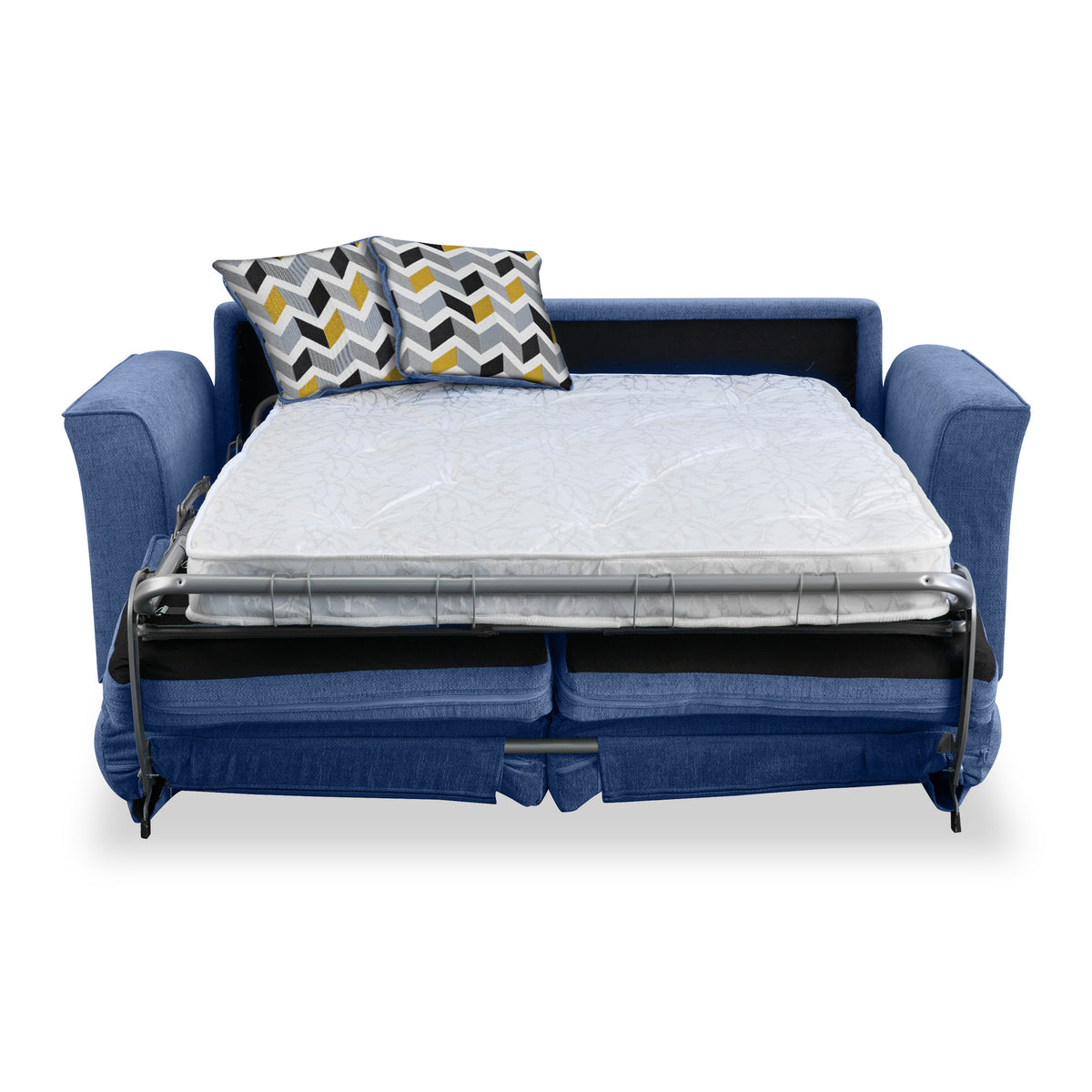 Abbott 2 Seater Sofabed in Denim with Morelisa Mustard Cushions by Roseland Furniture