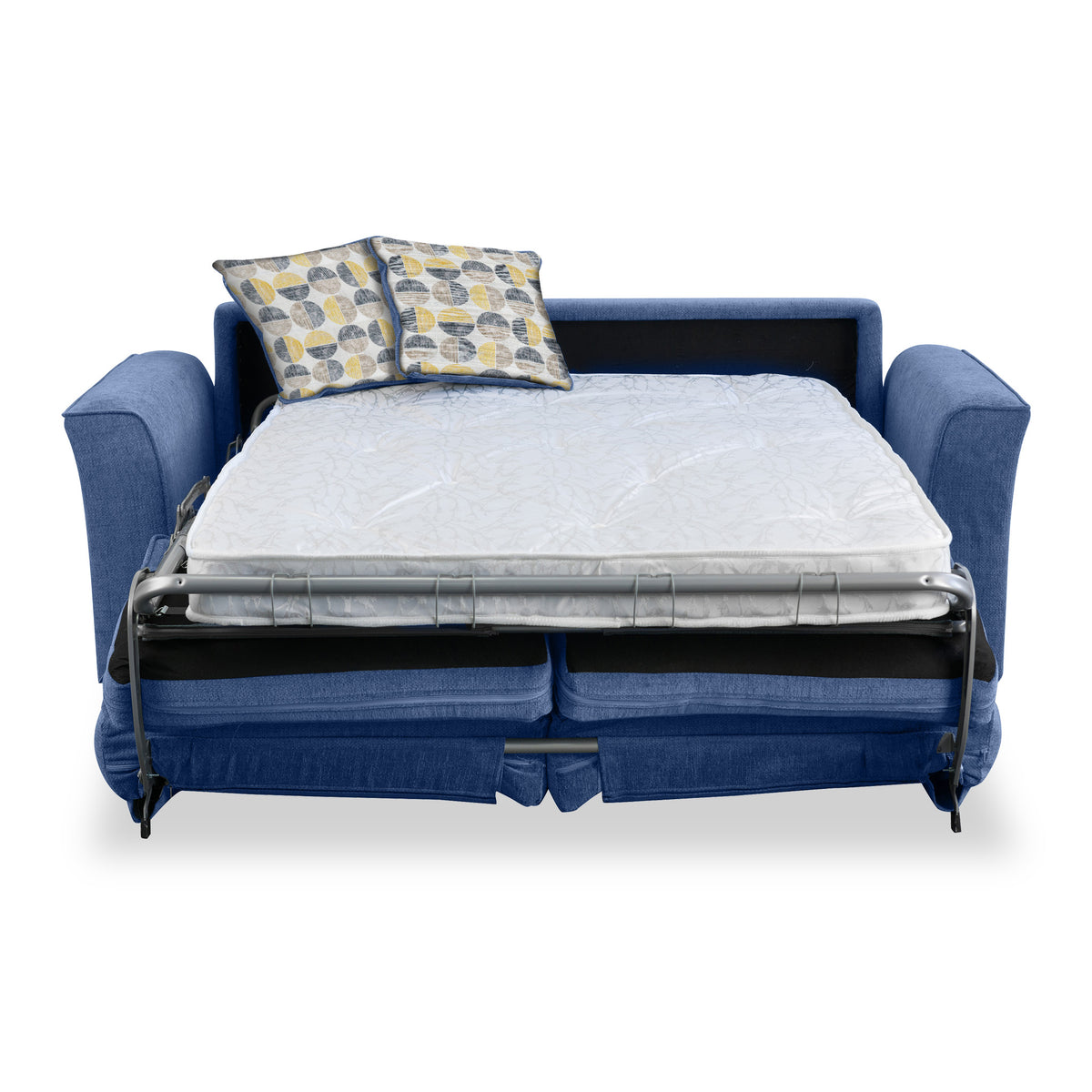 Abbott 2 Seater Sofabed in Denim with Rufus Beige Cushions by Roseland Furniture