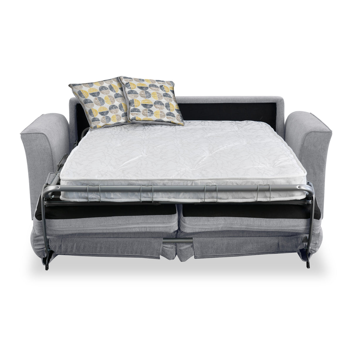 Abbott 2 Seater Sofabed in Silver with Rufus Beige Cushions by Roseland Furniture