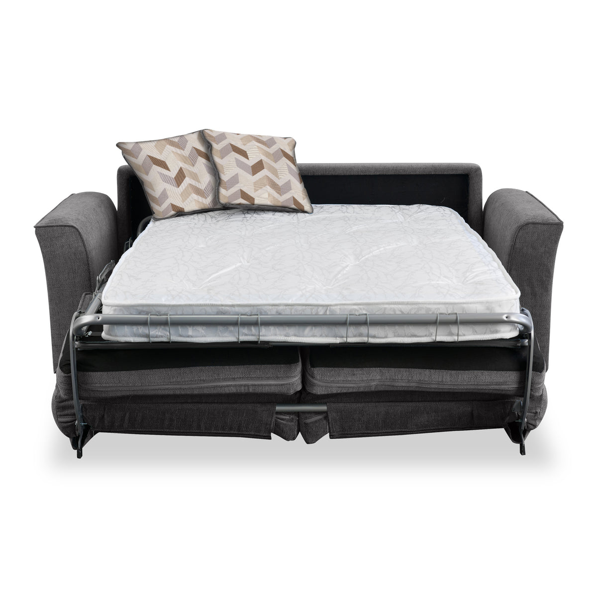 Boston 2 Seater Sofabed in Charcoal with Morelisa Oatmeal Cushions by Roseland Furniture