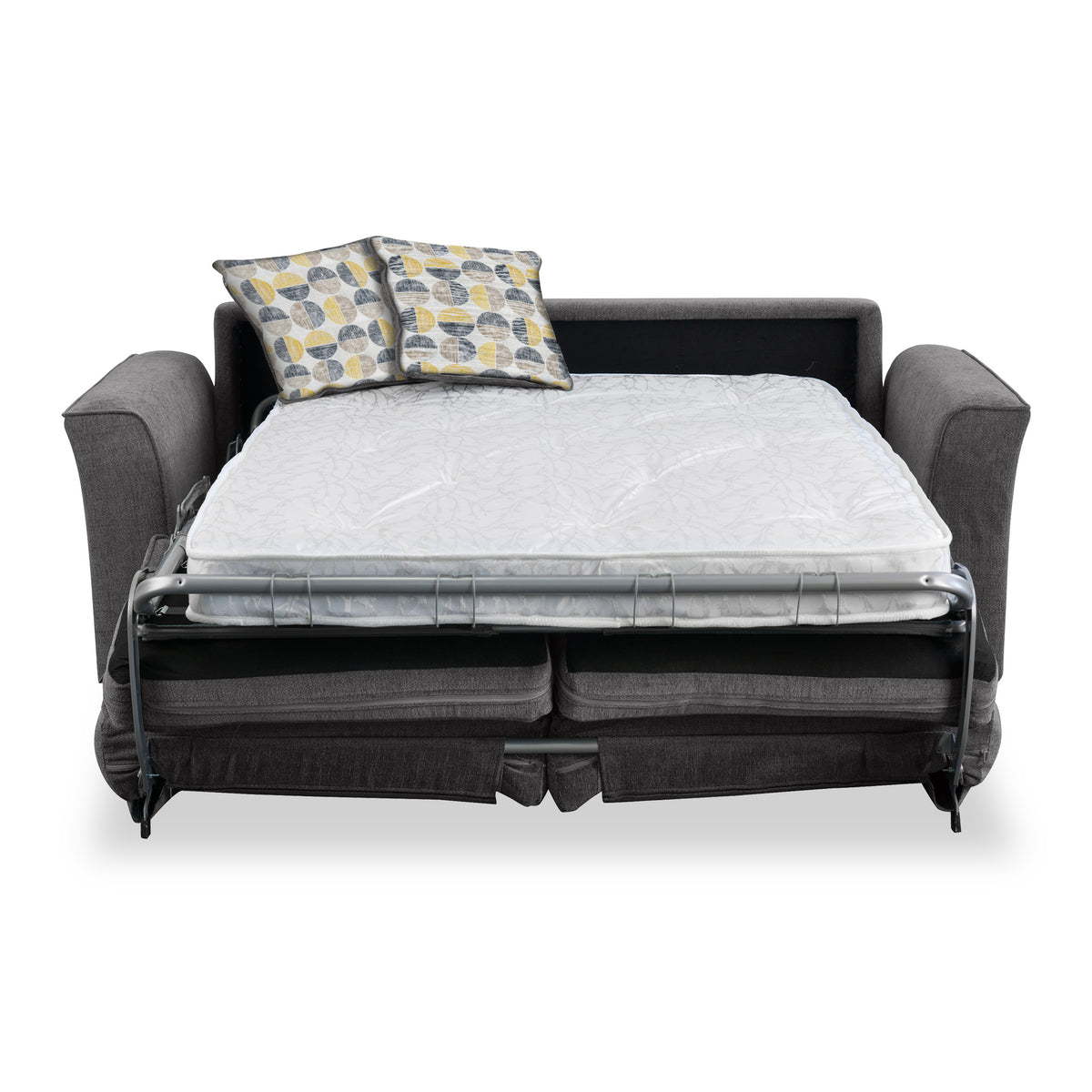 Boston 2 Seater Sofabed in Charcoal with Rufus Beige Cushions by Roseland Furniture