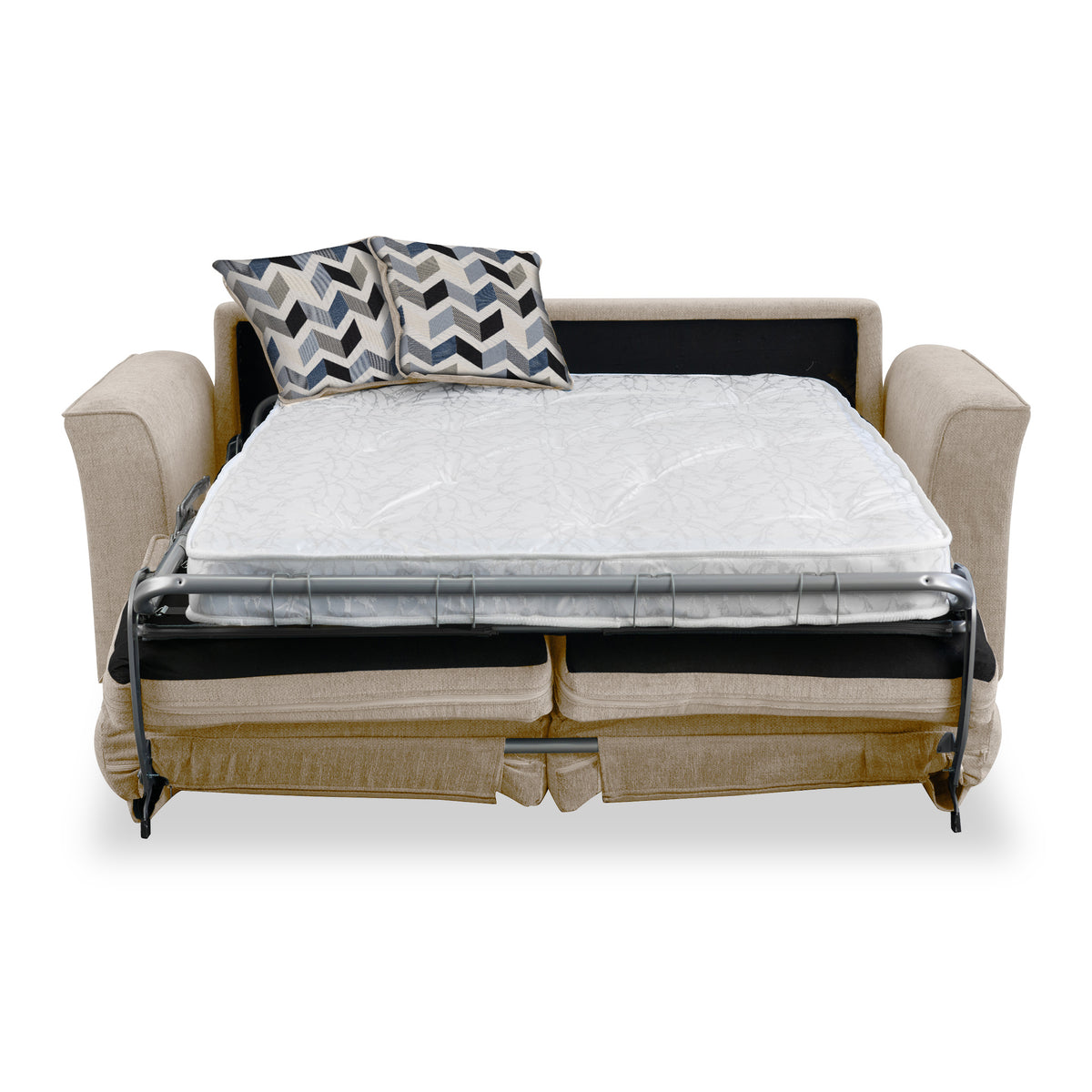 Boston 2 Seater Sofabed in Fawn with Morelisa Denim Cushions by Roseland Furniture