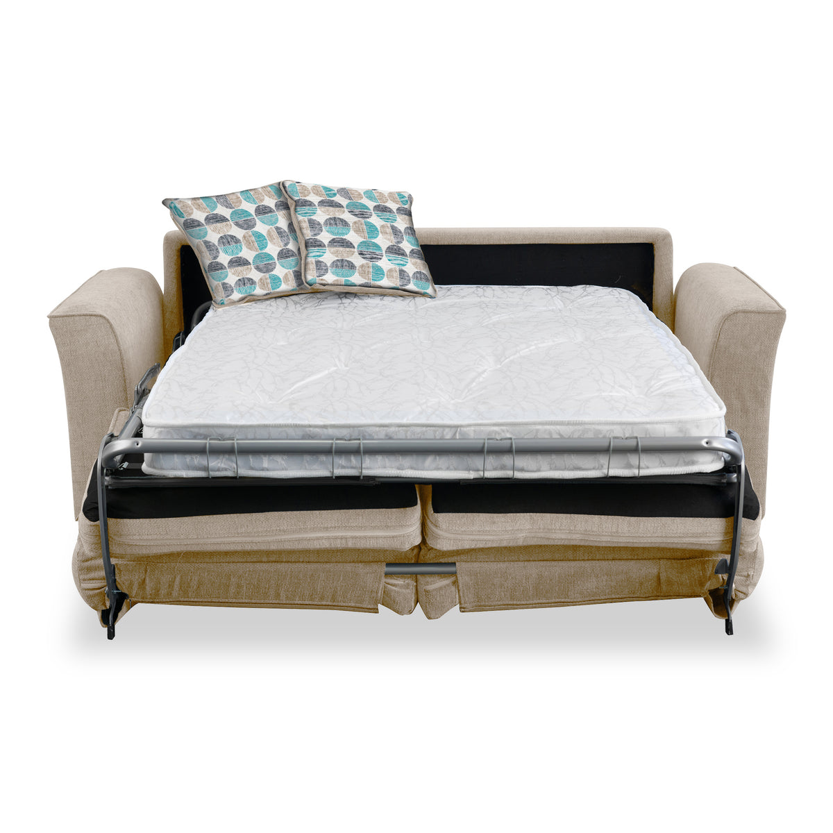 Boston 2 Seater Sofabed in Fawn with Rufus Duck Egg Cushions by Roseland Furniture