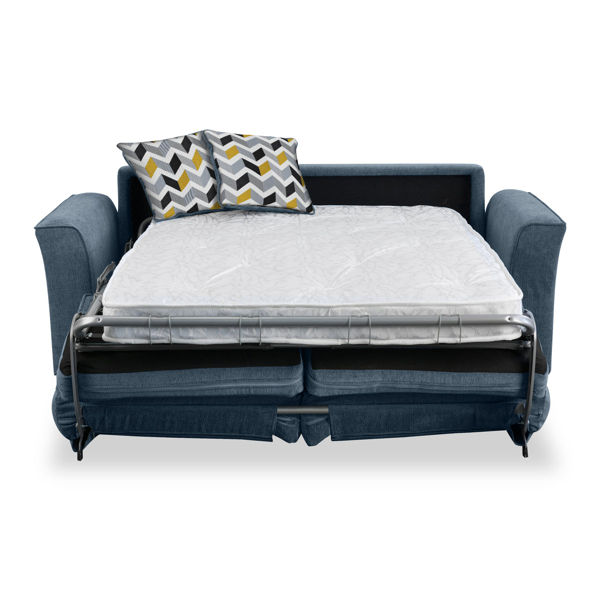 Boston 2 Seater Sofabed in Midnight with Morelisa Mustard Cushions by Roseland Furniture