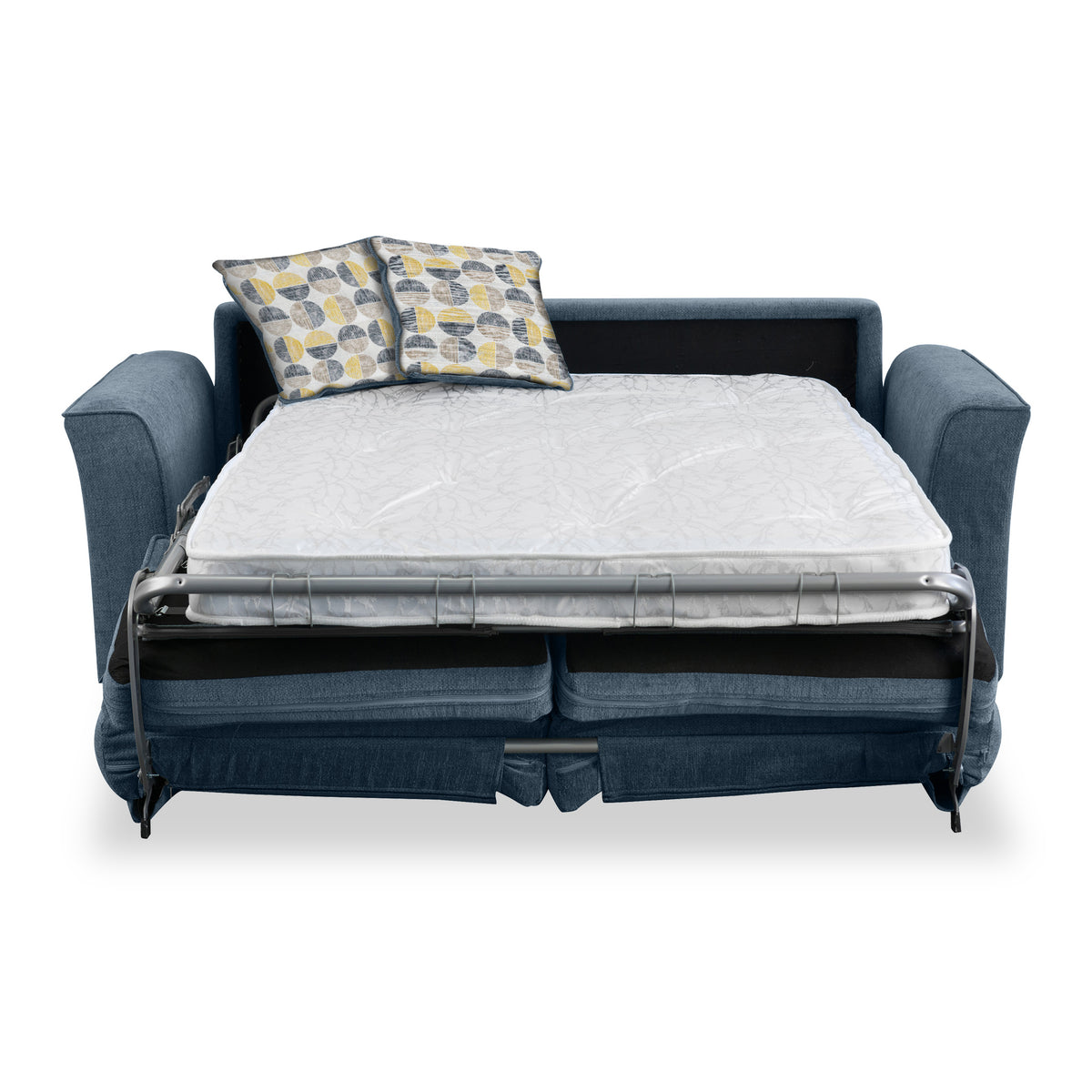 Boston 2 Seater Sofabed in Midnight with Rufus Beige Cushions by Roseland Furniture