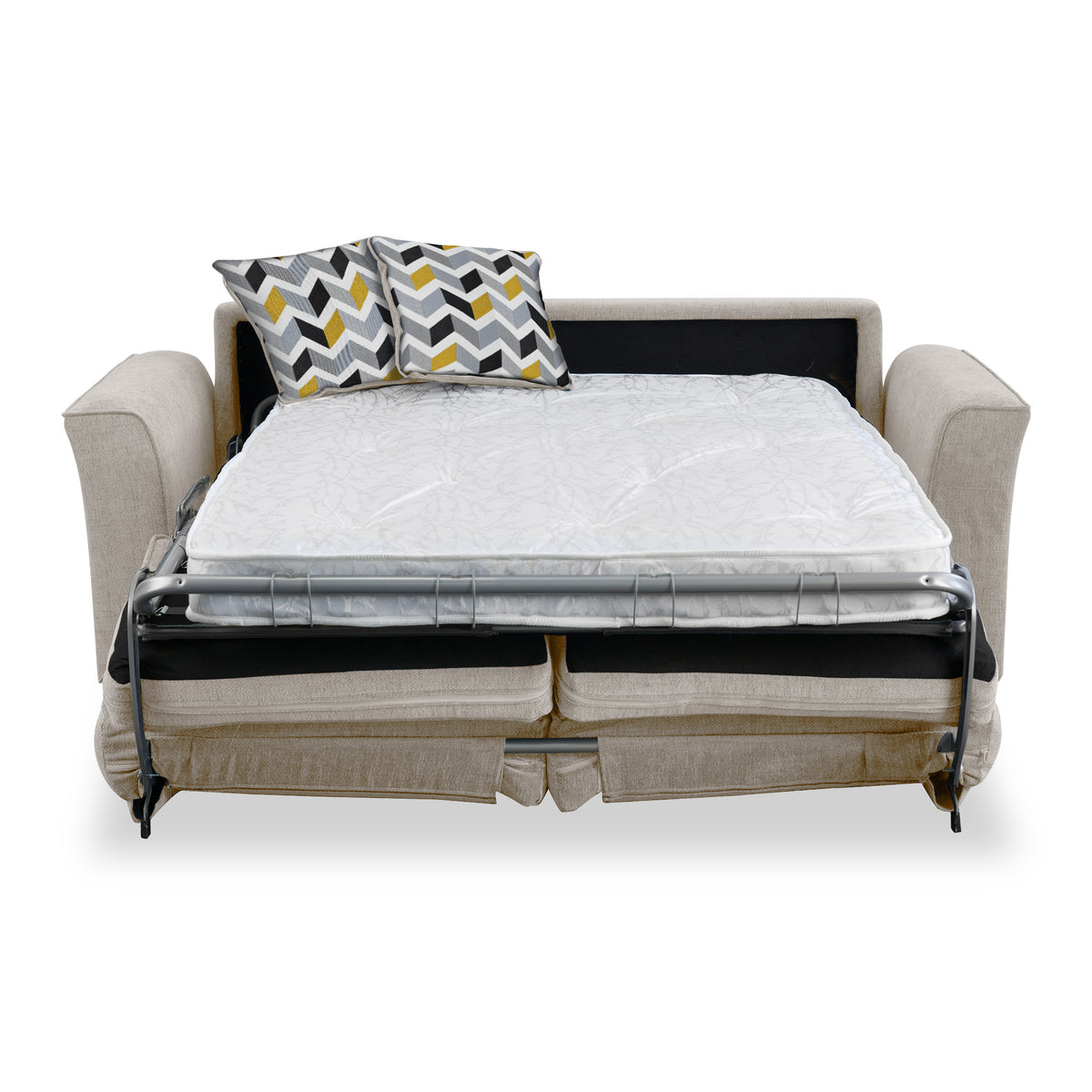 Boston 2 Seater Sofabed in Oatmeal with Morelisa Mustard Cushions by Roseland Furniture