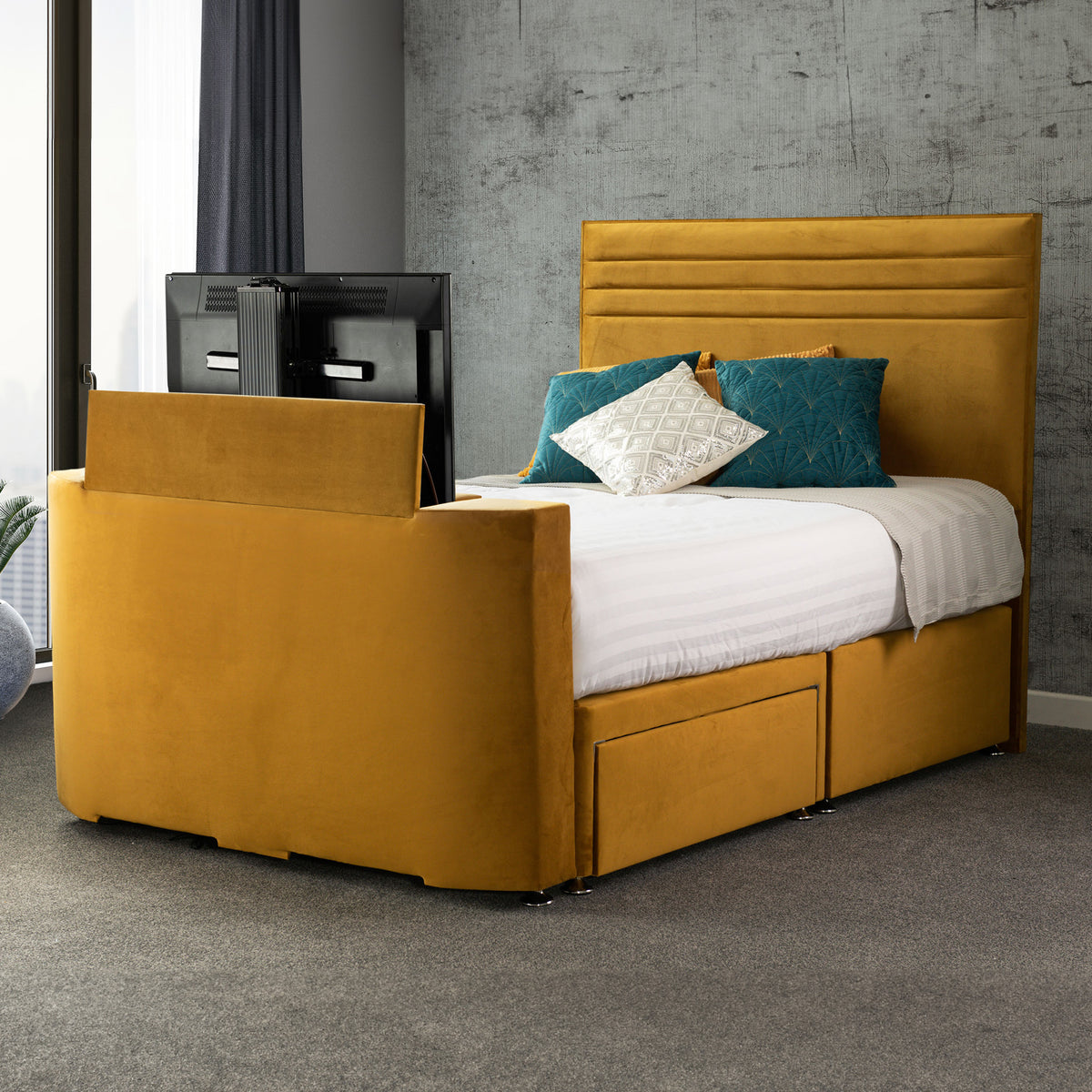 Ryton 2 Drawer Velvet TV Bed in Mustard by Roseland Furniture 