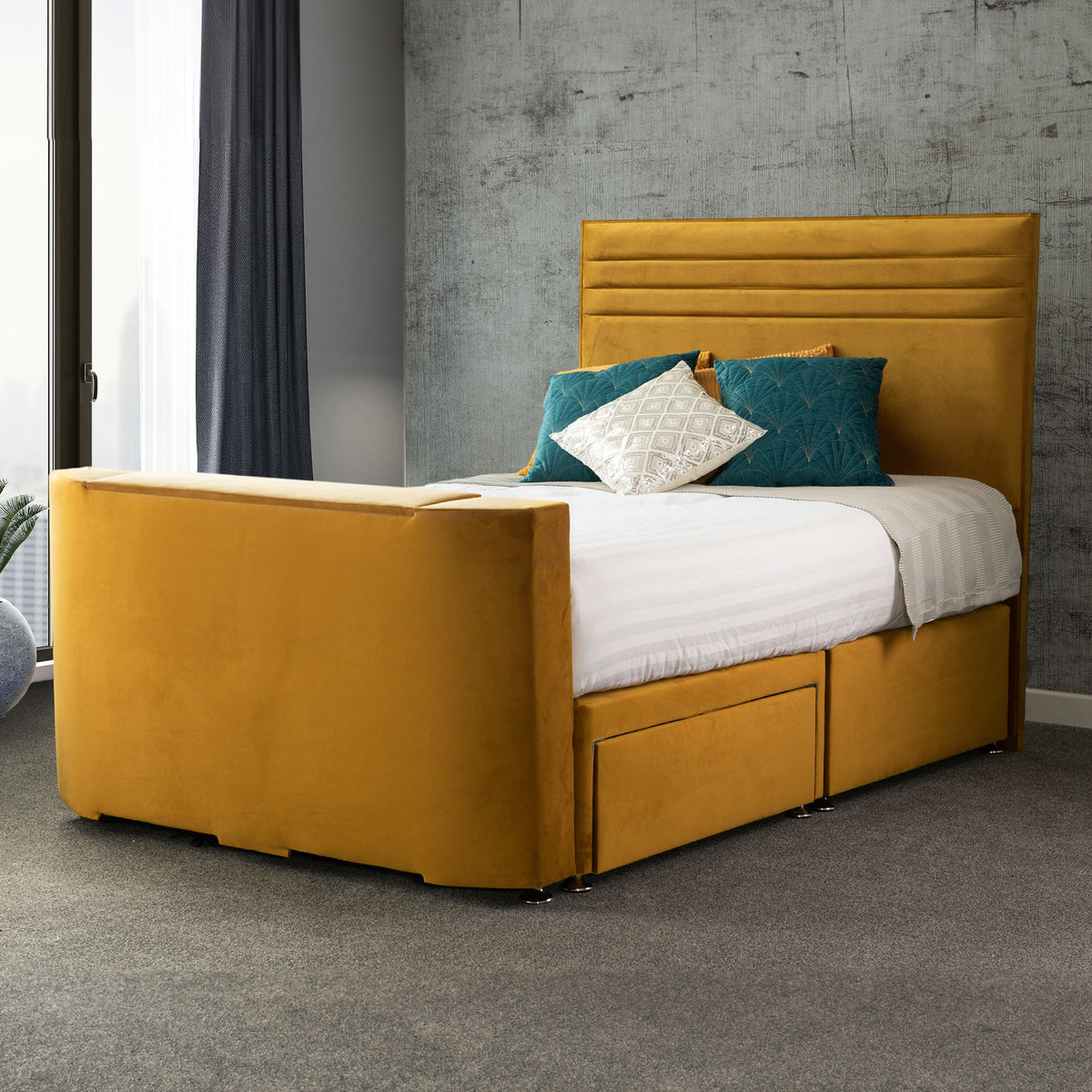 Ryton 2 Drawer Velvet TV Bed in Mustard by Roseland Furniture 