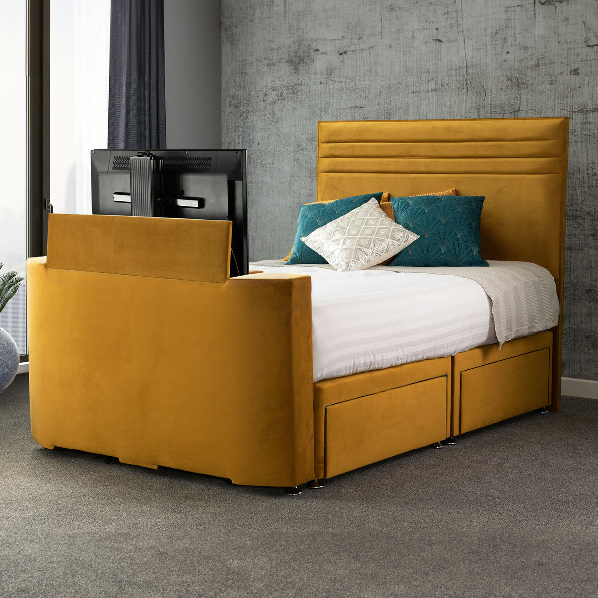 Ryton Velvet 4 Drawer TV Bed in Mustard by Roseland Furniture