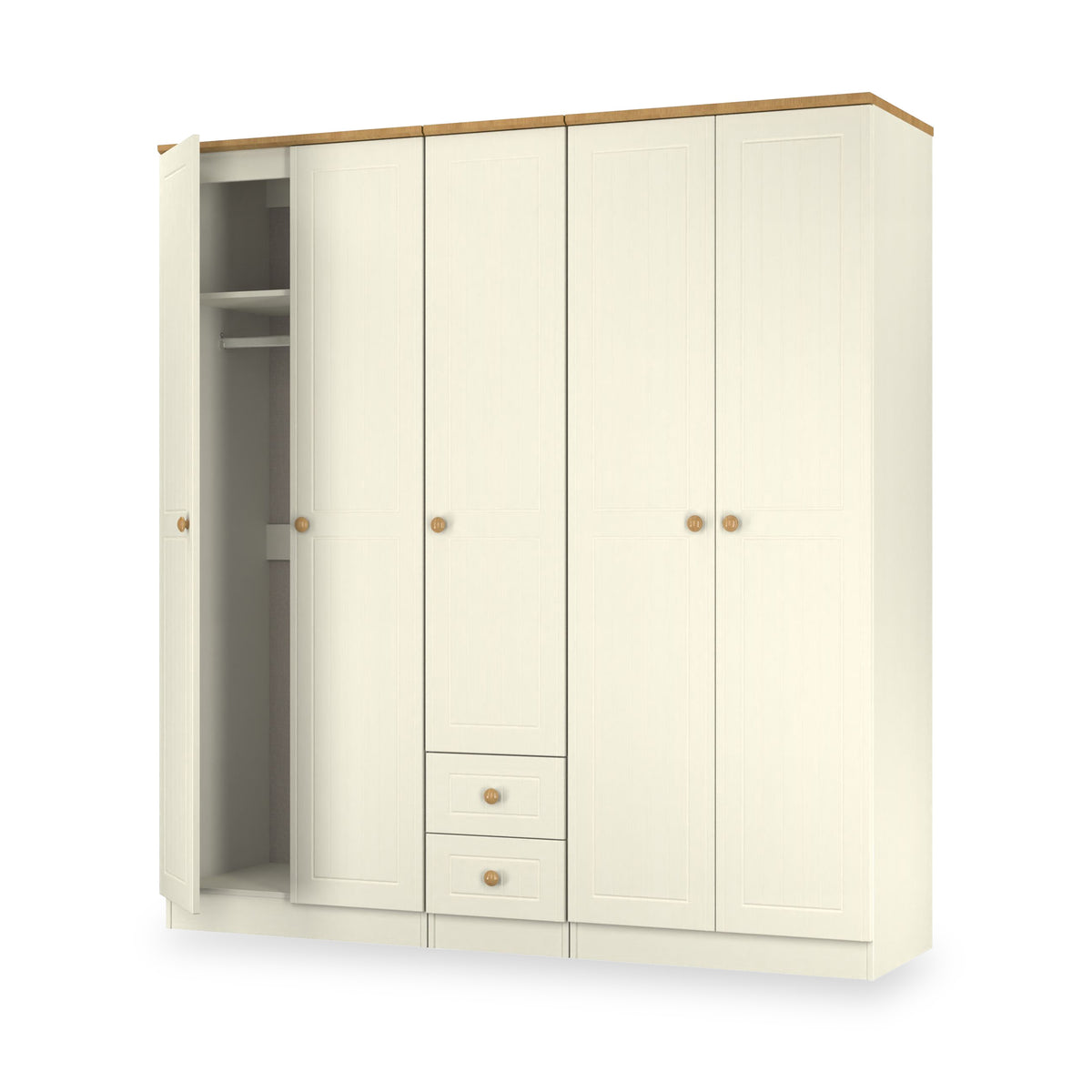 Brixham 5 Door 2 Drawer Wardrobe Cream Ash Oak from Roseland Furniture