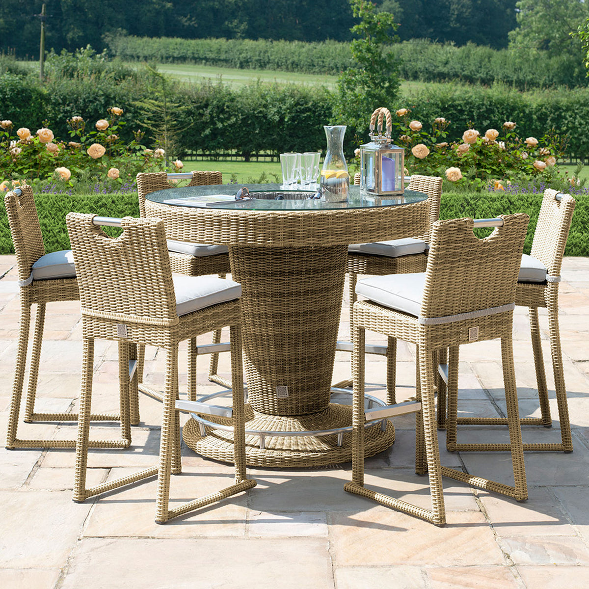 Maze Winchester 6 Seat Round Rattan Outdoor Bar Set with Ice Bucket from Roseland Furniture
