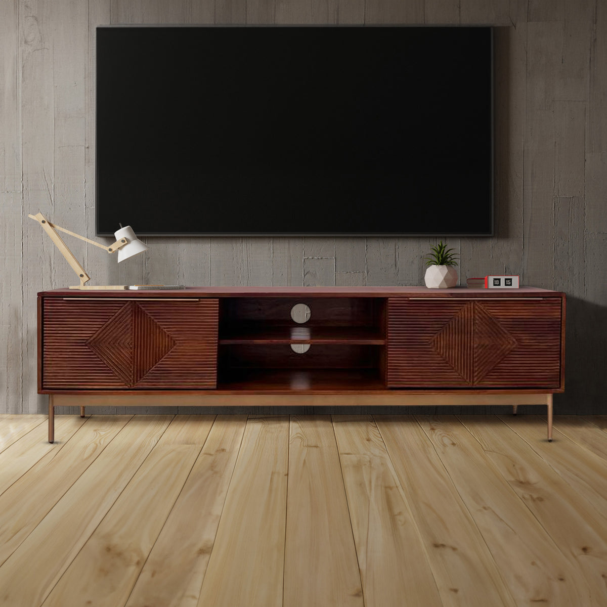 Beau Grooved Mango Wood Extra Large TV Cabinet for Living Room
