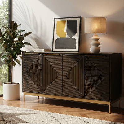 Beau Grooved Brown Mango Wood 4 Door Sideboard