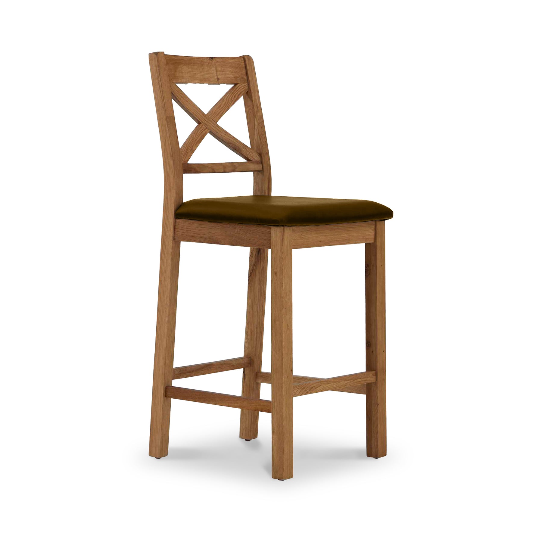 Zelah Oak Cross Back Bar Stool with brown seat from Roseland Furniture
