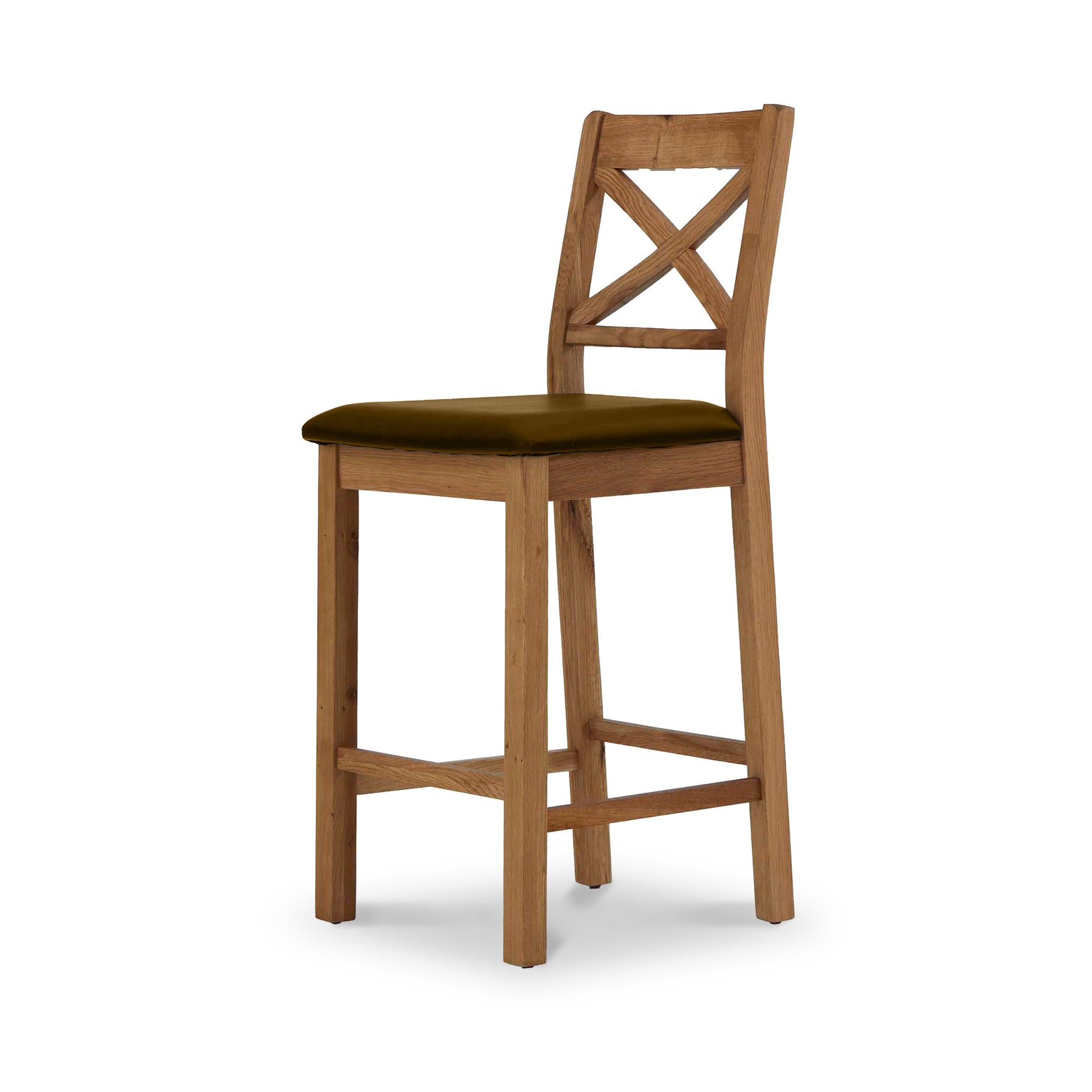 Zelah Oak Cross Back Bar Stool with brown seat from Roseland Furniture