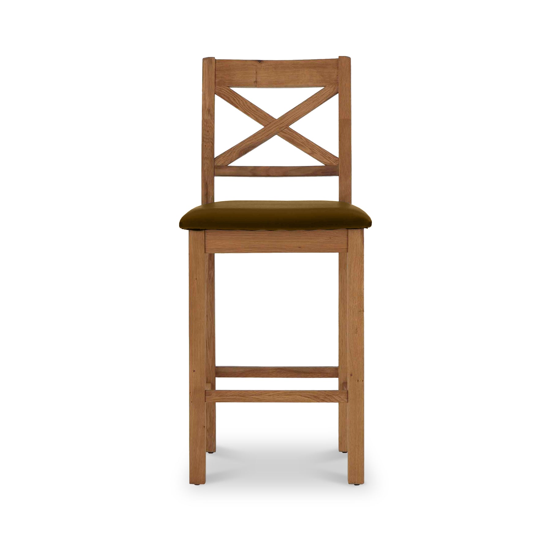 Zelah Oak Cross Back Bar Stool with brown seat from Roseland Furniture