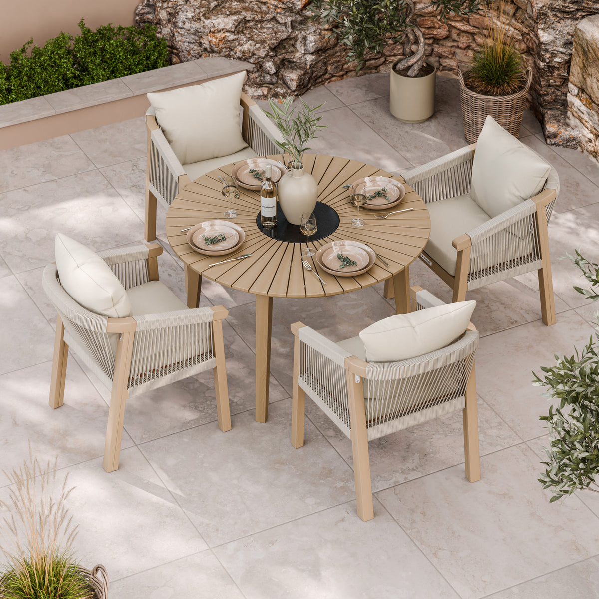 FSC 1 Roma 120cm Round Table 4 Roma Dining Chairs Granite Insert from Roseland Furniture