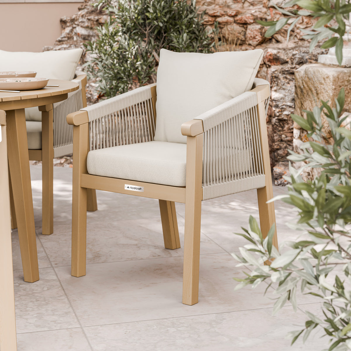 FSC 1 Roma 150cm Round Table w 6 Roma Dining Chairs Angle2 from Roseland Furniture