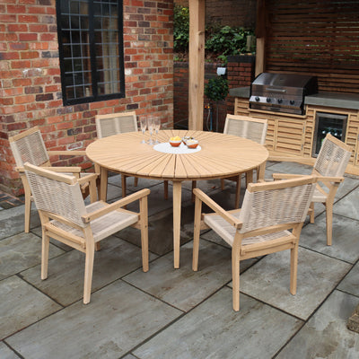 Roma FSC 6 Seater Round Sunray with Concrete Insert Dining Set with Roma Rope Stacking Chairs
