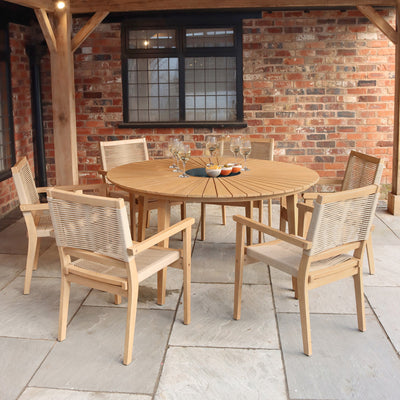 Roma FSC 6 Seater Round Sunray with Black Granite Insert Dining Set with Rope Stacking Chairs