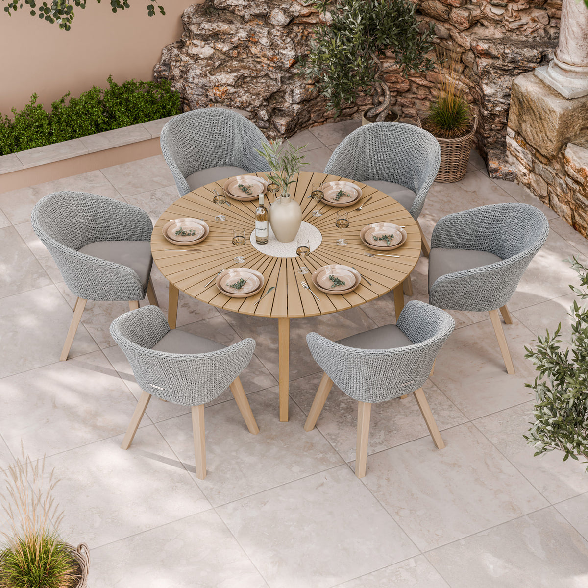 FSC 1 Roma 150cm Round Table w 6 Sol Dining Chairs Concrete Insert from Roseland Furniture