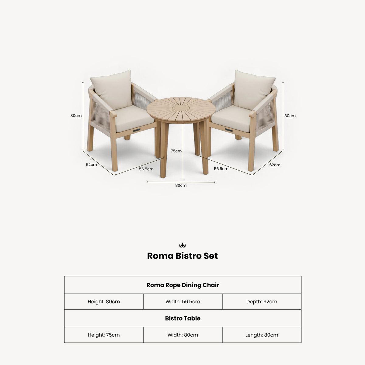 Roma FSC Sunray Bistro Set 80cm Table with 2 Roma Dining Chairs
