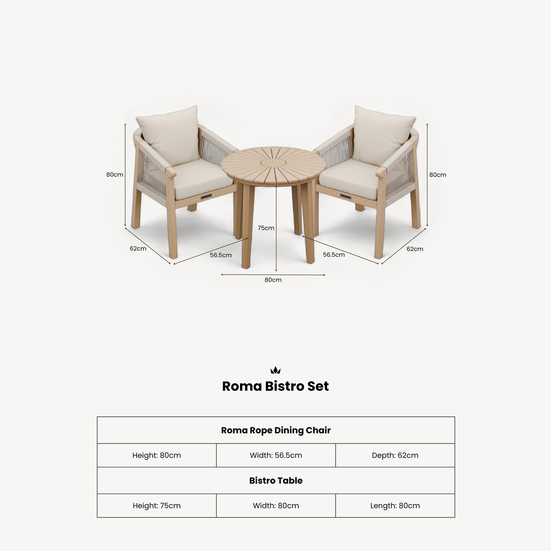 Roma FSC Sunray Bistro Set 80cm Table with 2 Roma Dining Chairs