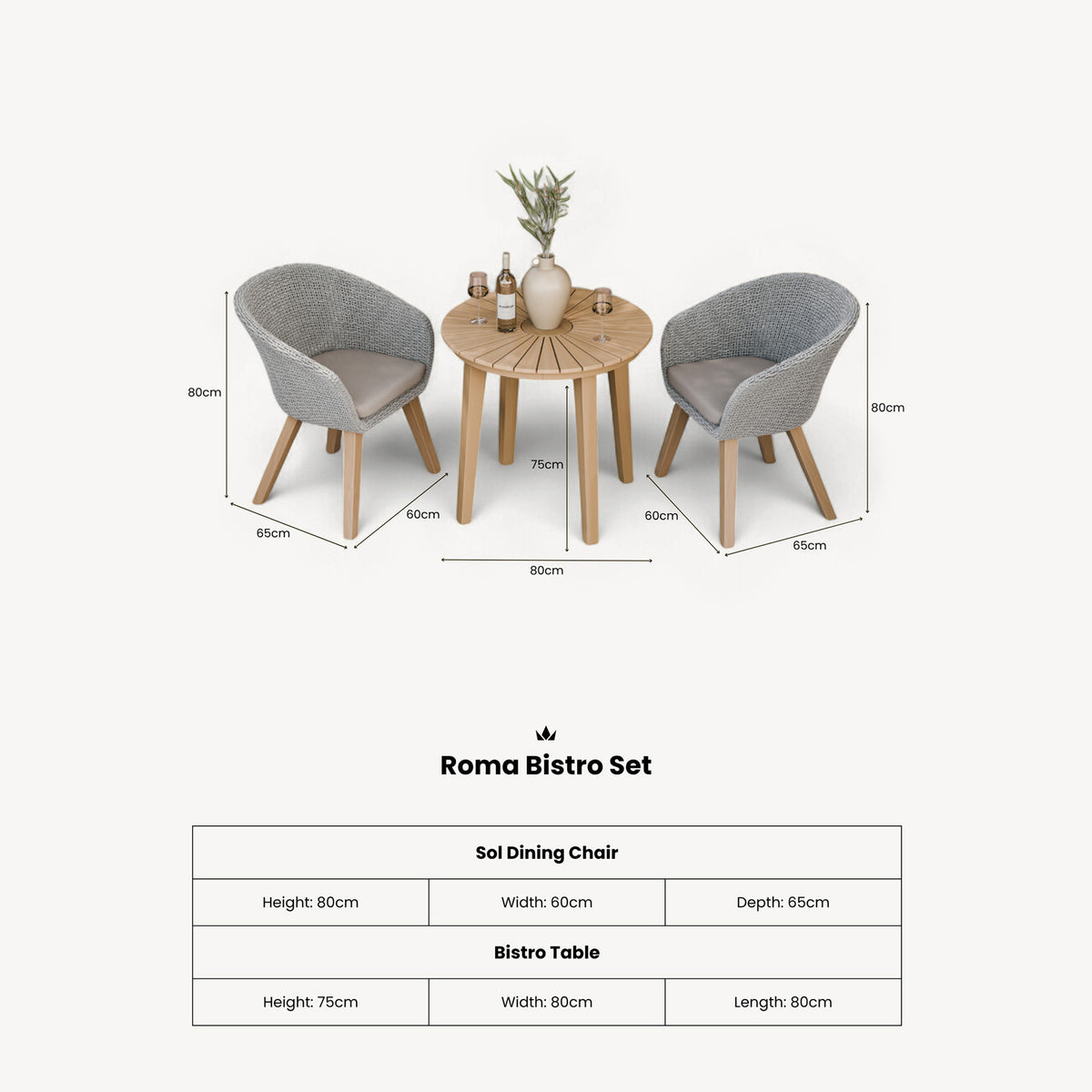 Roma FSC Sunray 80cm Bistro Set with 2 Sol Dining Chairs