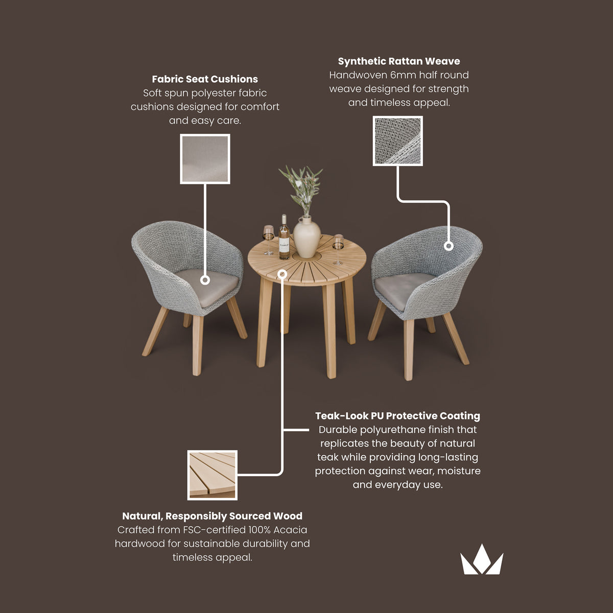 Roma FSC Sunray 80cm Bistro Set with 2 Sol Dining Chairs